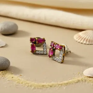 Boucles d'oreilles clous en rubis et diamant pour femmes, plaquées or et or rose 14 carats, bijoux vintage tendance avec pierre principale en zircon, or 14 carats - Product Image 1