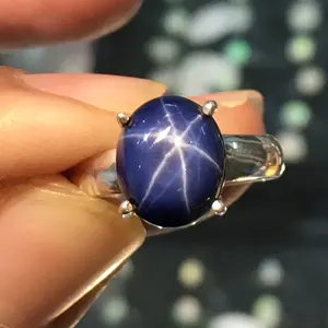 Aksesoris kualitas ekspor bintang biru batu permata safir cincin 925 padat perak cincin biru batu safir cincin ulang tahun