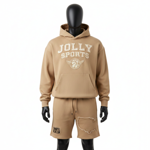 Conjunto de Sudadera con Capucha y Pantalones Cortos de Felpa de Algodón y Poliéster de 320 GSM para Hombre, Color Camel, Estilo Casual, con Logotipo Personalizado Bordado/Aplicado - Product Image 1