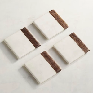 Elegant Classic <b>White</b> Marble & Wood Square <b>Coaster</b> Set S/4 Inlaid Wooden <b>Coaster</b> with Stylish Design - Product Image 3