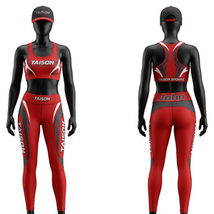 Premium 280 GSM Polyester Spandex Legging and Sports Bra Set Red Grey White Panel Design Custom Sublimation Print Logo - Product Image 1