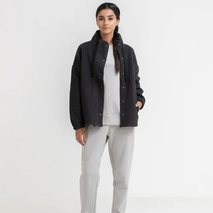 Women's Black Fleece <b>Jacket</b> Stand Collar Full Sleeve Thick Winter Outerwear Solid Color Button Closure Regular Fit - Product Image 3
