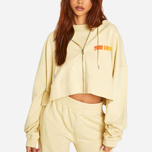 Haute qualité 100% coton recadrée fermeture éclair sweats à capuche pour femmes Logo brodé personnalisé respirant fermeture éclair hiver sweats à capuche et sweat - Product Image 1