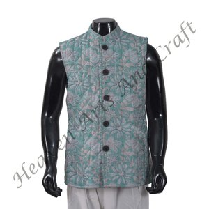 Chaqueta de algodón para hombre de otoño e invierno, Abrigo acolchado con estampado de bloques a mano, decoración de botones florales, acabado transpirable - Product Image 6