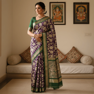 Kalamkari Embroidered Royal <b>Purple</b> Cotton <b>Saree</b> - Product Image 2