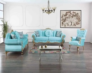 Ensemble de canapé décoratif en bois bleu ciel pour la maison, Look Royal, travail de sculpture de luxe, 5 places 2 + 2 + 1 - Product Image 4