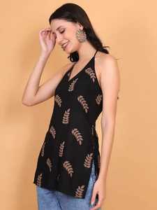Kurti sin mangas con cuello halter y estampado floral, estilo veraniego, negro y marrón, kurti recto, ropa de moda para mujer - Product Image 3