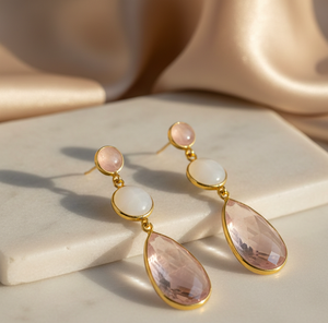 ต่างหูห้อยประดับพลอยสีชมพูชุบทอง 18K เงินแท้ 925 รูปทรงกลมและทรงหยดน้ำ ของขวัญสำหรับเธอ - Product Image 1