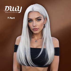 DWY Transparent Lace Front Glueless Synthetic <b>Long</b>-Length Straight <b>Wig</b> White Color Middle Part - Product Image 2