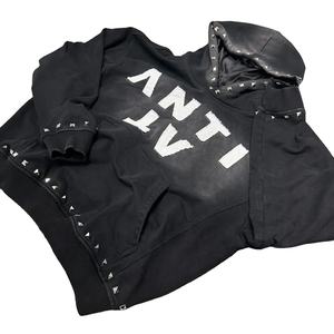 <b>Zip</b> up Black Wash Sun Faded Hoodies <b>Cropped</b> Distressed Embroidered Patches <b>Hoodie</b> Blank Custom Distressed Hoodies FOR MEN - Product Image 2