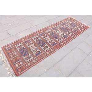 Alfombra Turca Vintage de 2.6x7.8 pies (80x239 cm), Alfombra de Lana Roja Kilim - Product Image 3