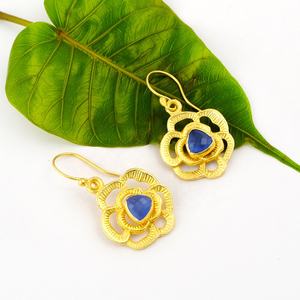 Pendientes colgantes de piedras preciosas de Calcedonia azul tinta chapados en oro Pendientes de gancho colgantes de moda Bohemia - Product Image 2