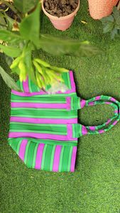 Bolsas de compras de rayas PP tejidas ecológicas de nailon, telar manual de plástico de polipropileno reciclado sostenible hecho en La <span class=keywords><strong>India</strong></span> reciclado - Product Image 4