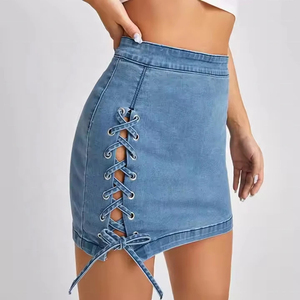 Jupes en jean bleu délavé tendance été, taille haute, mini jupe plissée en denim pour femmes, très demandée - Product Image 2