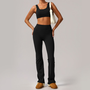 Ropa deportiva de alta intensidad para mujer de secado rápido, traje de yoga transpirable: sujetador + pantalones acampanados ajustados de cintura alta - Product Image 1