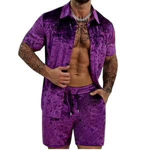 Blue Color Men Outfit <b>Velvet</b> 2 Pieces T <b>Shirts</b> Shorts Sets Fashionable Velour Fashion Short Set Summer Streetwear Tracksuit Set - Product Image 2