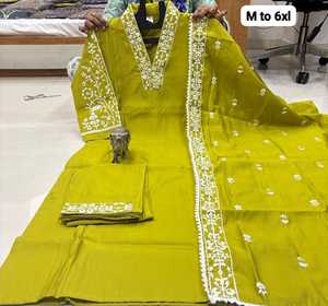 Dernière tenue de créateur Evergreen Pantalon Kurti en mousseline lourde Lakhnavi (V) Cou avec Dupatta Achats en ligne Inde à vendre - Product Image 2