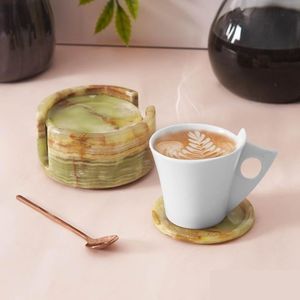 Ensemble de 6 sous-verres en céramique onyx vert classique avec support - Rond, diamètre 3,5 pouces, épaisseur 0,4 pouces - Durable et écologique - Product Image 5