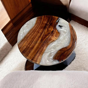 Table basse ronde en époxy personnalisée, en bois d'acacia artisanal, noyer, bord vivant, meubles de maison - Product Image 1