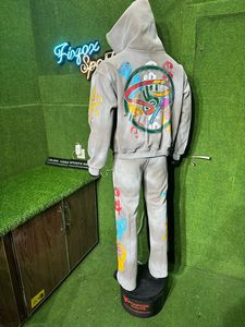 2025 High Quality Fleece 100% Cotton Fleece 2 Piece Zipper Cropped <b>Drop</b> Shoulder Tracksuit for Men with Screen Printed logo - Product Image 2