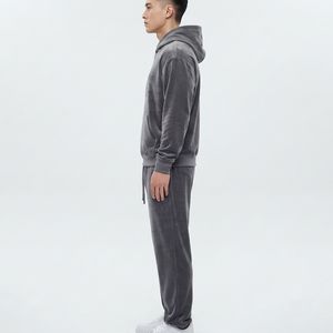 Men's Gray Hooded <b>Tracksuit</b> Set Full Length Sweatpants With Drawstring Casual Winter Wear Solid Color Breathable <b>Velour</b> Fabric - Product Image 3