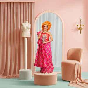 Prix d'usine sur les robes de soirée imprimées africaines brodées pour femmes 5 Yards taffetas et 2 Yards Blouse Plus soie africaine Headtie - Product Image 5