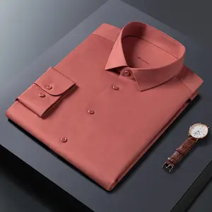 Shangjie 2024 Spring Autumn Customized High Quality Men's Stretch Knit Office Solid Slim Shirt Non Iron Long Sleeve Salmon Shirt