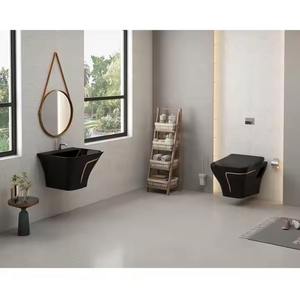 Toilette murale suspendue en céramique avec lavabo mural, Black Gold Line de designer - Product Image 1