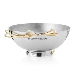 Ensemble de 2 bol plaqué or de haute qualité coulé en aluminium demi-grenade Designer avec support de base de feuilles de couleur noire d'Inde - Product Image 2