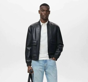 Chaqueta Bomber de Cuero Negra para Hombre, Estilo Minimalista, Chaqueta Universitaria, Piel de Cordero Suave, Cuello Alto, Corte Entallado, Ropa de Abrigo de Invierno, Informal - Product Image 1