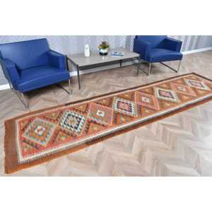 Turkish Vintage <b>Rug</b>, 2.9x11.3 ft <b>Runner</b> <b>Rug</b>, Orange Gray Abstract <b>Rug</b> - Product Image 2