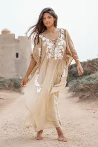 <b>Summer</b> Bohemian Hand Embroidery Maxi <b>Dress</b> Rayon Fabric V- Neck Evening Half <b>Sleeve</b> Gown for Ladies Long Maxi <b>Dress</b> for Women - Product Image 5