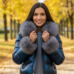 Blouson matelassé en cuir véritable pour femme avec col en fourrure de renard gris, coupe-vent d'hiver, fermeture éclair, style streetwear - Product Image 1