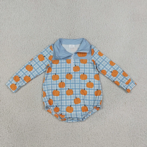 Longlv Breathable <b>Cute</b> Blue Plaid Pumpkin Printed Sleeveless Romper Turn-down Collar for Baby Boys Summer Wear Milk Silk/cotton - Product Image 2