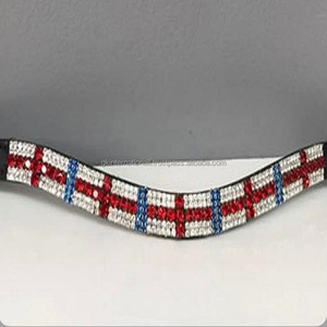 แถบคิ้วหนังม้าสไตล์อังกฤษแบบโค้งสีดำหรือสีเงินหนังฮาวาน่าปรับแต่งได้พร้อมห่วงโซ่ธงคริสตัลและห่วงเย็บ - Product Image 4