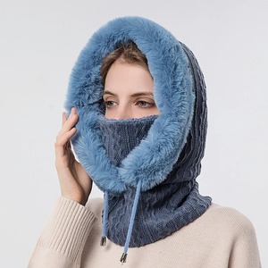 Bonnet pour femmes Cagoule d'hiver Bonnet tricoté Masque facial à capuche Fluff Keep Warm Neck Scarf Hat Hooded Balaclava Mask Bonnet - Product Image 5
