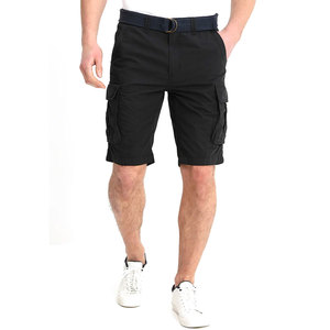 กางเกงขาสั้นคาร์โก้ผ้าฝ้าย100% ผู้ชายสีดำมีกระเป๋า6ใบแบบลำลองสีทึบมีกระเป๋าขนาดใหญ่เอวกลางระบายอากาศได้ดี - Product Image 1
