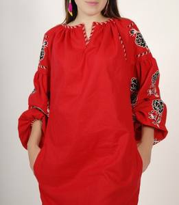 Robe longue décontractée en coton tissé naturel avec broderie, col en V fendu des deux côtés, lavable, vente en gros - Product Image 1