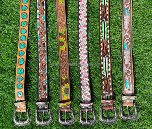 Nouvel arrivage de ceintures florales occidentales en cuir véritable usinées à la main et peintes à la main Ceintures unisexes en cuir véritable usiné à la main - Product Image 6