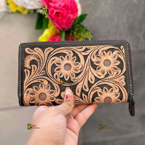 Stylish Brown Handtooled Clutch Handbag Handmade Vintage Winter Fashion Zipper Waterproof Multi-Use <b>Fur</b> <b>Trim</b> Flower Decoration - Product Image 1