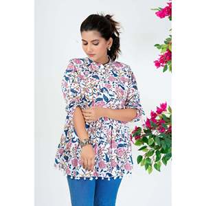 Blusa Peplum de Algodón con Estampado Floral Blanco para Mujer, Mangas 3/4, Estilo Casual Étnico Fusion, Tallas XS-XL, Estilo Coreano Formal, Tejido Popelín - Product Image 5