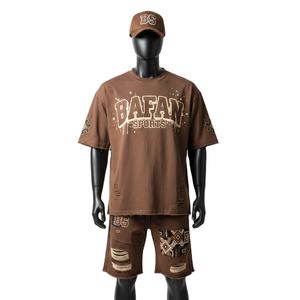 T-shirt et short pour homme, streetwear, jersey en coton lourd 240 GSM, short à panneaux marron terre, logo personnalisé imprimé à l'écran, ensembles de 2 pièces - Product Image 1