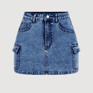 2026 Low MOQ High Quality Women's Empire Waist <b>Denim</b> Cargo <b>Mini</b> <b>Skirt</b> Navy Blue Breathable Casual <b>Pleated</b> Design Eco-Friendly - Product Image 2