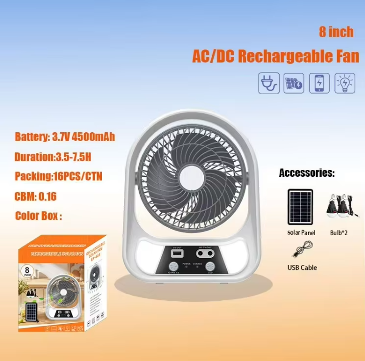 TK & AMZ Hot Sale 6/8 Inch Portable Table Fan with LED Light AC/DC Solar Charging 110V/220V Rechargeable for Home Outdoor Use