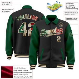 Veste bomber personnalisée noire vintage avec drapeau mexicain, vert Kelly neutre, entièrement boutonnée, style universitaire, col à revers bicolore, modèle Byron - Product Image 2