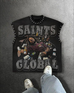 Chaleco sin mangas de gran tamaño personalizado, camiseta sin mangas de algodón de primera calidad con detalles de diamantes de imitación, ropa de calle gráfica de alta calidad para hombres - Product Image 5