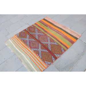 พรมวินเทจตุรกี ขนาด 3.5x4.2 ฟุต (106x129 ซม.) พรมคิลิมขอบสีส้ม - Product Image 3