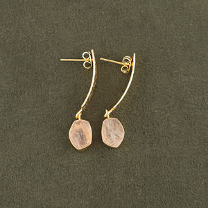 Pendientes colgantes de cuarzo rosa, cristal curativo natural de alta calidad, con baño de oro y textura metálica de diseño. - Product Image 4
