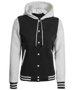 Women's Black White Baseball Varsity Jackets Hooded Neck <b>Button</b> Closure Casual Outer Streetwear with Cotton Filling for Winter - Product Image 1