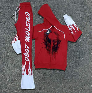 Personnalisé Vintage Lavage À L'acide Strass Imprimer Distressed Zip Hoodie Baggy Pantalon De Survêtement Ensemble 460 Gsm Respirant Hommes Unisexe Survêtements - Product Image 1